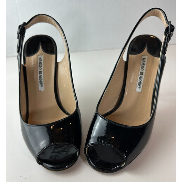Manolo Blahnik Black Patent Leather Slingback Pump Peep Toe High Heels 38 US 8 - Picture 11 of 16